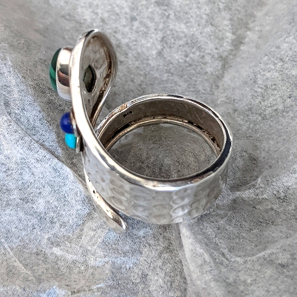 Malachite, Turquoise & Lapis .925 Silver, Adjustable Ring - Picture 3 of 6